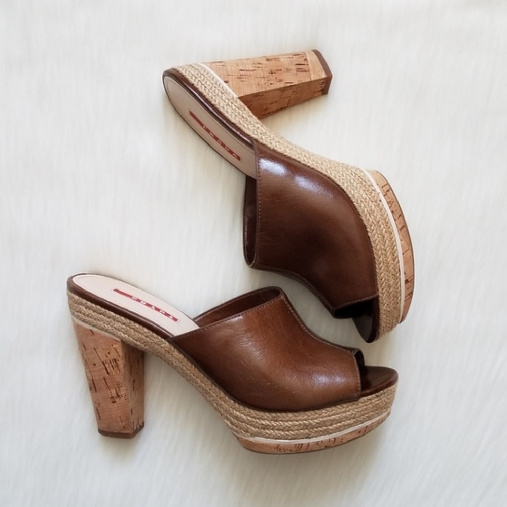 Prada Leather + Cork Espadrille Mule Sandals 8